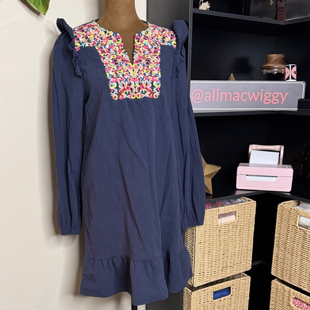 Navy Blueberry Dress with Colorful Pattern